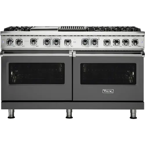 Front. Viking - 5-Series Dual Fuel Self-Clean 60"W Sealed Burner Range - Damascus Gray.