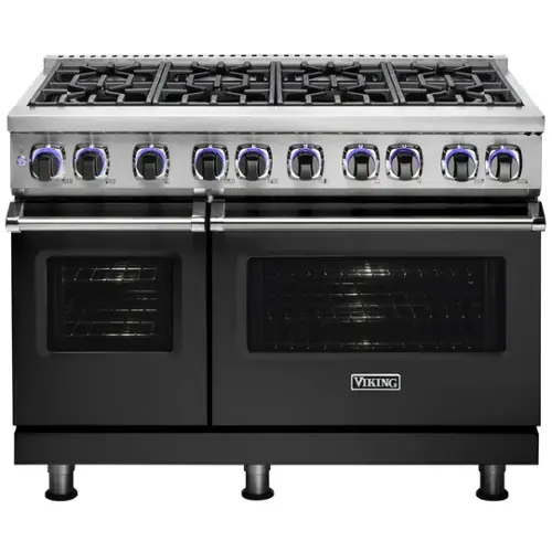 Front. Viking - 48"W 7-Series Dual Fuel Self-Clean Range-8 Burners-LP - Cast Black.