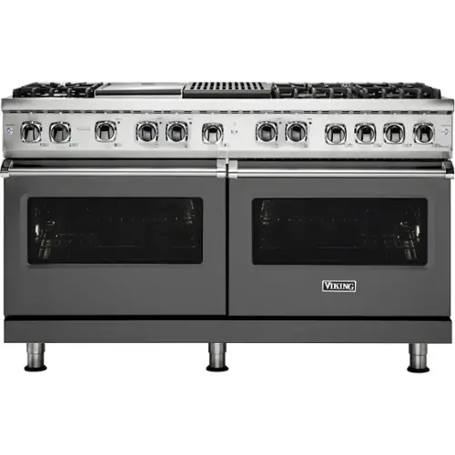 Front. Viking - 5-Series Dual Fuel Self-Clean 60"W Sealed Burner Range - Damascus Gray.