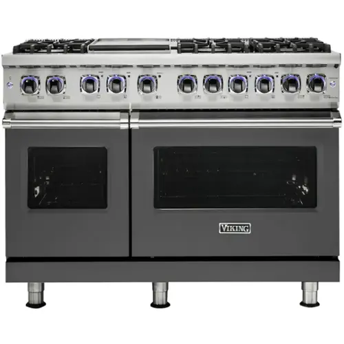 Front. Viking - 48"W 7-Series Dual Fuel Self-Clean Range-6 Burners + Griddle - LP - Damascus Gray.