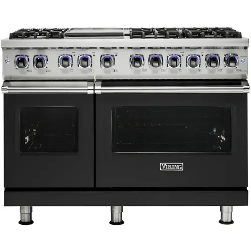 Front. Viking - 48"W 7-Series Dual Fuel Self-Clean Range-6 Burners + Griddle - LP - Cast Black.