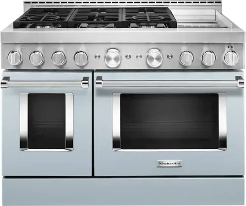 Front. KitchenAid - 6.3 Cu. Ft. Freestanding Double Oven Gas True Convection Range with Self-Cleaning and Griddle - Misty Blue.