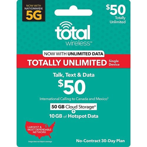 Total Wireless $50 TOTALLY UNLIMITED 30-Day Prepaid Plan, 10GB of Mobile Hotspot, Int’l Calling & Cloud Storage [Digital]
