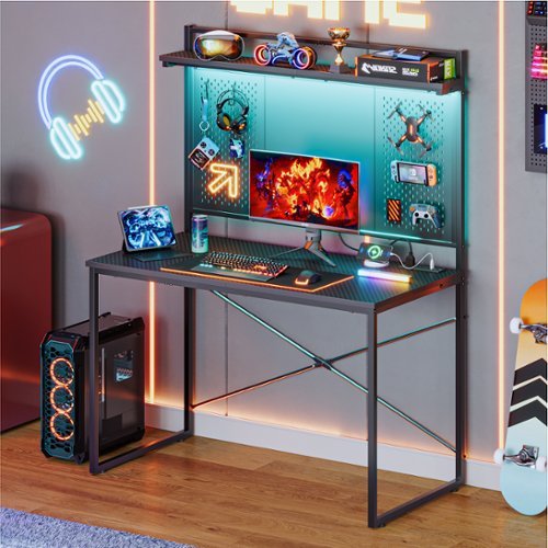 Bestier - Gaming Desk with Hutch and Pegboard - Black