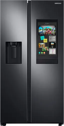 Front. Samsung - 26.7 cu. ft. Side-by-Side Smart Refrigerator with 21.5" Touch-Screen Family Hub - Black Stainless Steel.