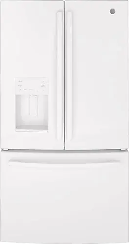 Front. GE - 25.6 Cu. Ft. French Door Refrigerator - High Gloss White.