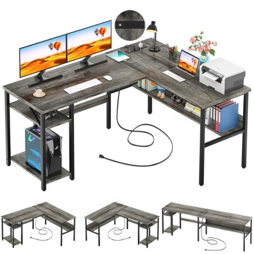 Aheaplus - Reversible Corner Desk with Power Outlets & USB Ports, Storage Shelves for Gaming & Home Office, Easy Assembly - Gray Oak-Front_Standard 