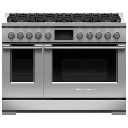 Front. Fisher & Paykel - Professional 6.9 Cu. Ft. Freestanding Double Oven Dual Fuel True Convection Range with Self-Cleaning - Stainless Steel/Black Glass.