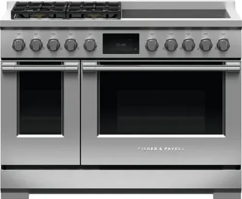 Front. Fisher & Paykel - Professional 6.9 Cu. Ft. Freestanding Double Oven Dual Fuel True Convection Range with Self-Cleaning - Stainless Steel/Black Glass.
