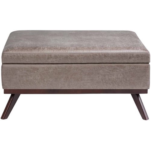 Simpli Home - Owen Square Mid-Century Modern Faux Air Leather Ottoman With Inner Storage - Distressed Gray Taupe