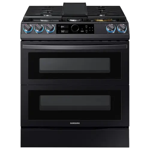Front. Samsung - Flex Duo 6.3 cu. ft.  Front Control Slide-in Dual Fuel Range with Smart Dial, Air Fry & WiFi, Fingerprint Resistant - Black Stainless Steel.