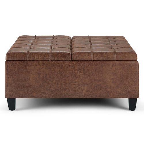 Simpli Home - Harrison 36 inch Wide Transitional Square Coffee Table Storage Ottoman in Faux Leather - Distressed Umber Brown