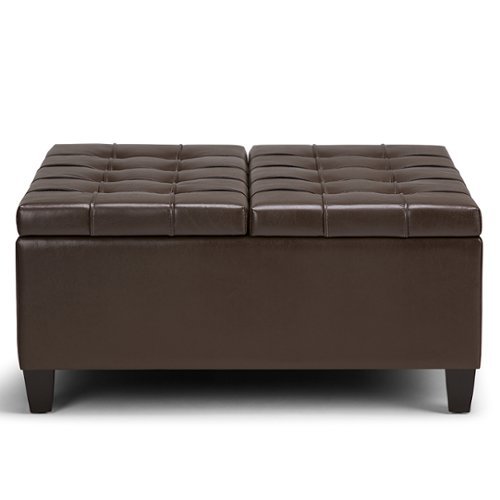 Simpli Home - Harrison 36 inch Wide Transitional Square Coffee Table Storage Ottoman in Faux Leather - Chocolate Brown