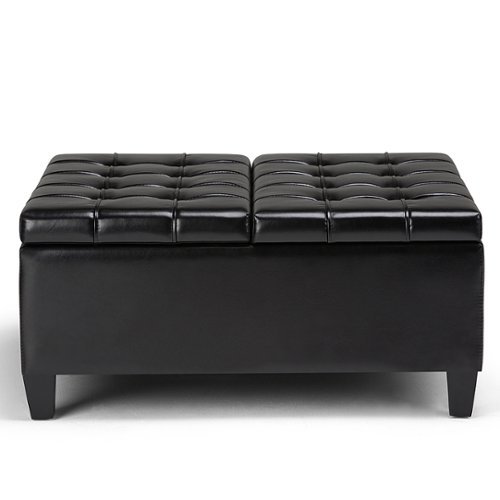 Simpli Home - Harrison 36 inch Wide Transitional Square Coffee Table Storage Ottoman in Faux Leather - Midnight Black