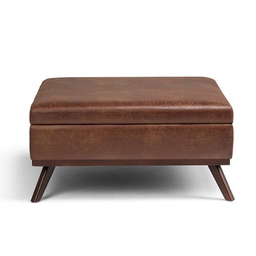 

Simpli Home - Owen 38 inch Wide Mid Century Modern Square Coffee Table Storage Ottoman - Distressed Saddle Brown