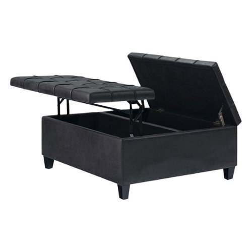 Simpli Home - Harrison 36 inch Wide Transitional Square Coffee Table Storage Ottoman in Faux Leather - Distressed Black