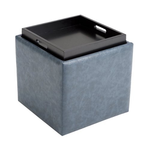 

Simpli Home - Rockwood 17 inch Wide Contemporary Square Cube Storage Ottoman with Tray - Denim Blue
