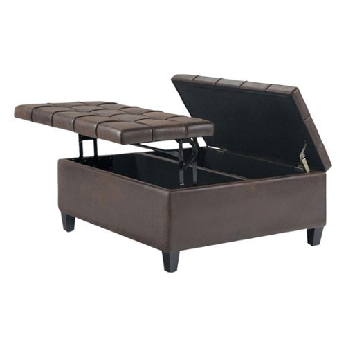 Simpli Home - Harrison 36 inch Wide Transitional Square Coffee Table Storage Ottoman in Faux Leather - Distressed Brown