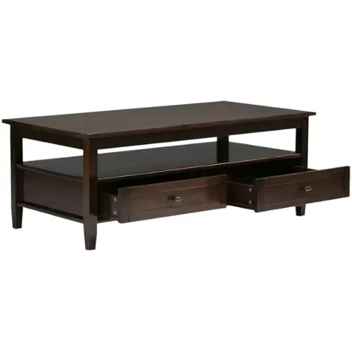 Simpli Home Warm Shaker Rectangular Rustic Wood 2 Drawer Coffee Table