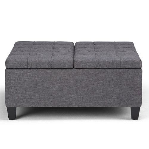 Simpli Home - Harrison 36 inch Wide Transitional Square Coffee Table Storage Ottoman in Slate Grey Linen Look Fabric - Slate Gray