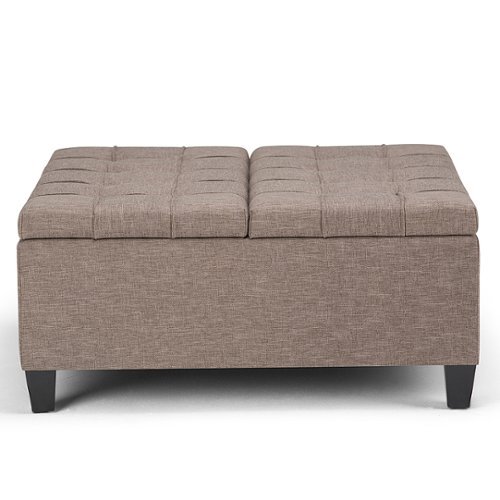 Simpli Home - Harrison 36 inch Wide Transitional Square Coffee Table Storage Ottoman in Linen Look Fabric - Fawn Brown