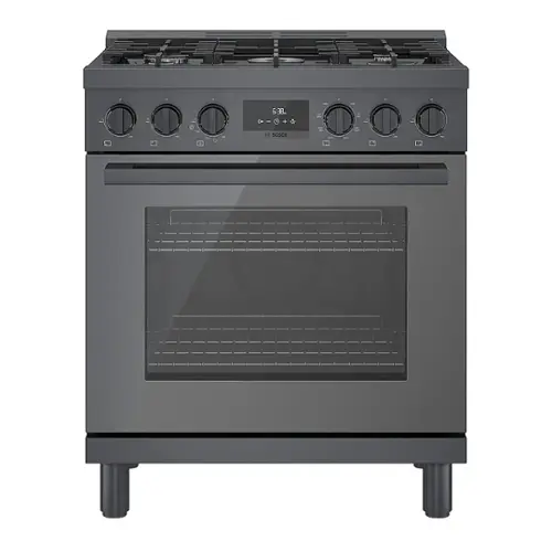 Front. Bosch - 800 Series 3.9 cu. ft. Freestanding Dual Fuel Convection Range with 5 Dual Flame Ring Burners - Black stainless steel.