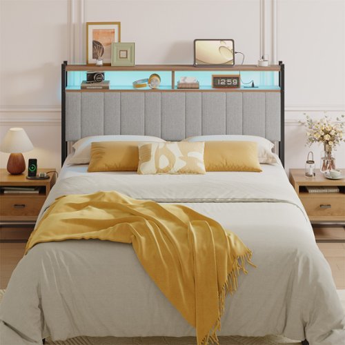 Pinmoco - Queen Size LED Linen Upholstered Storage Headboard with Charging Station - Gray - Gray