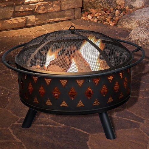  Pure Garden - 32" Round Outdoor Fireplace with Cross-Weave Steel Bowl, Spark Screen, Log Poker, Storage Cover for Patio Wood Burning - Black