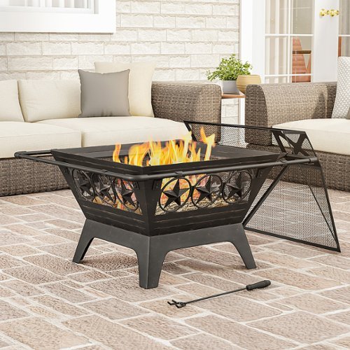 Pure Garden - 32” Outdoor Deep Fire Pit- Square Large Steel Bowl with Star Design, Mesh Spark Screen, Log Poker & Storage Cover - Black