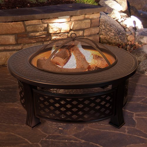 Pure Garden - Fire Pit Set, Wood Burning Pit - Includes Spark Screen and Log Poker, 32” Round Metal Firepit - Black/Copper