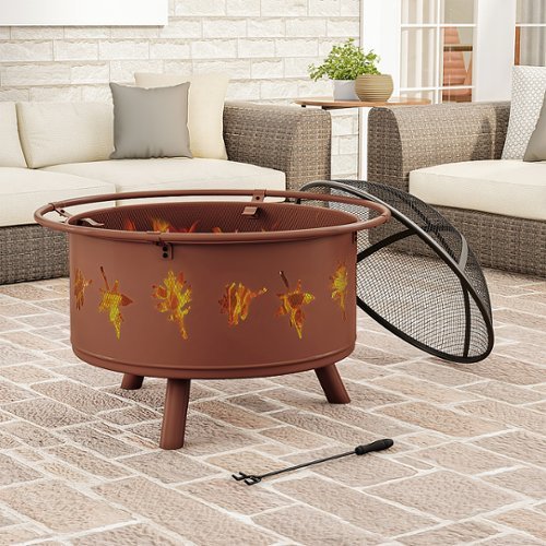 Pure Garden - 32" Round Outdoor Fire Pit with Steel Bowl, Leaf Cutouts, Spark Screen, Log Poker, Storage Cover for Patio Wood Burning - Rugged Rust