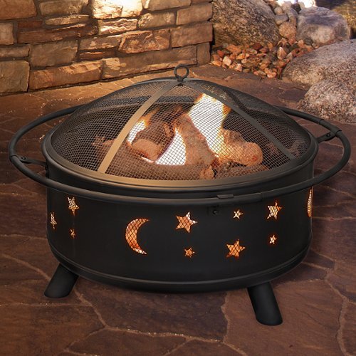 Pure Garden - 32" Round Outdoor Fire Pit with Steel Bowl, Star Cutouts Spark Screen, Log Poker, Storage Cover for Patio Wood Burning - Black