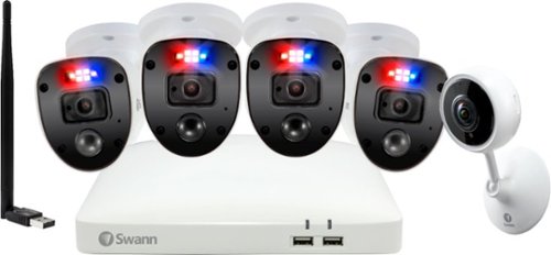  Swann - Enforcer 8-Channel, 4-Camera Indoor/Outdoor Wired 1080p 1TB DVR Surveillance System with Wifi Tracking Camera/Antenna - White