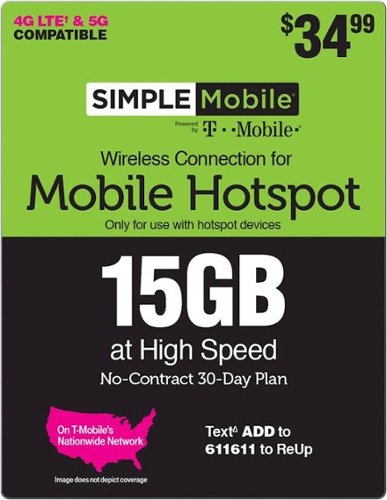 Simple Mobile - $34.99 Mobile Hotspot 15GB 30-Day Plan (Email Delivery) [Digital]