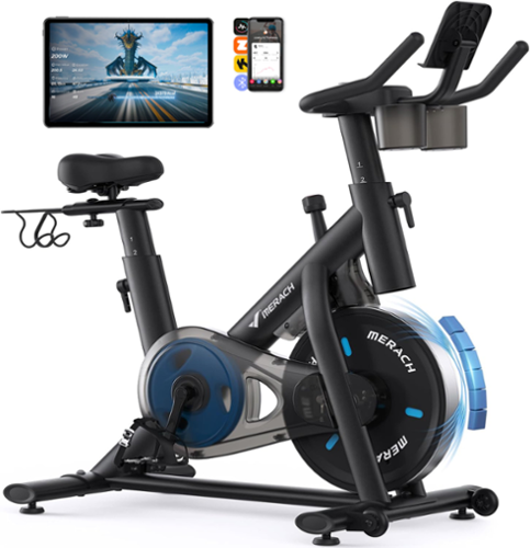 MERACH - S26 Exercise Bike Quiet Magnetic Home Stationary Bike with Free App, 300lbs Weight Capacity, Dumbbell Rack - Black-Front_Standard 
