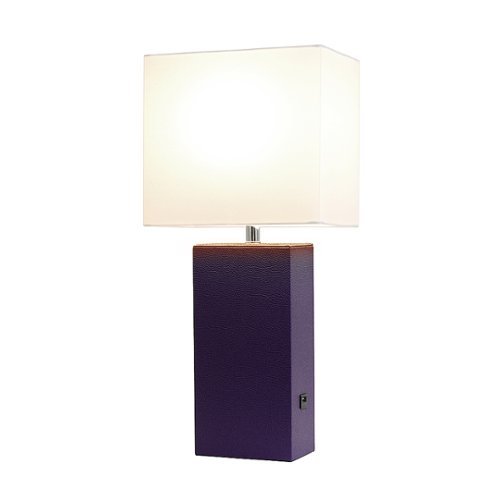 Elegant Designs - Modern Leather Table Lamp with USB and White Fabric Shade - Eggplant