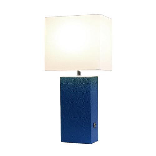 Elegant Designs - Modern Leather Table Lamp with USB and White Fabric Shade - Blue