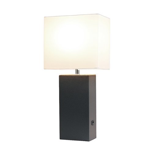Elegant Designs - Modern Leather Table Lamp with USB and White Fabric Shade - Brown