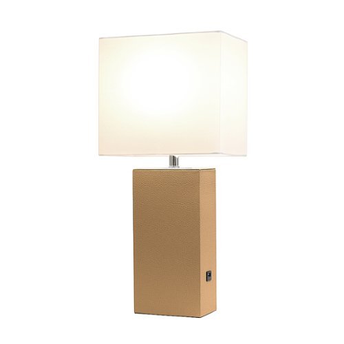Elegant Designs - Modern Leather Table Lamp with USB and White Fabric Shade - Beige