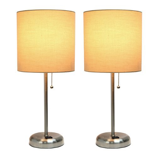 LimeLights Brushed Steel Stick Lamp with Charging Outlet and Fabric Shade 2 Pack Set, Tan