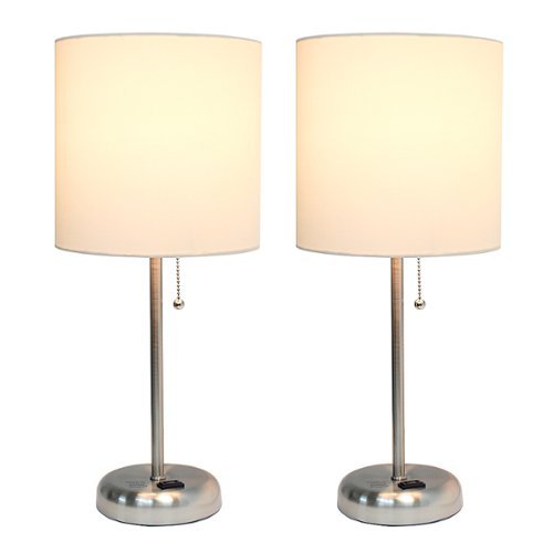 Limelights - Brushed Steel Stick Lamp with Charging Outlet and Fabric Shade 2 Pack Set - White