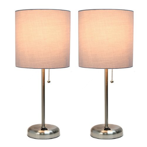 Limelights - Brushed Steel Stick Lamp with Charging Outlet and Fabric Shade 2 Pack Set - Gray