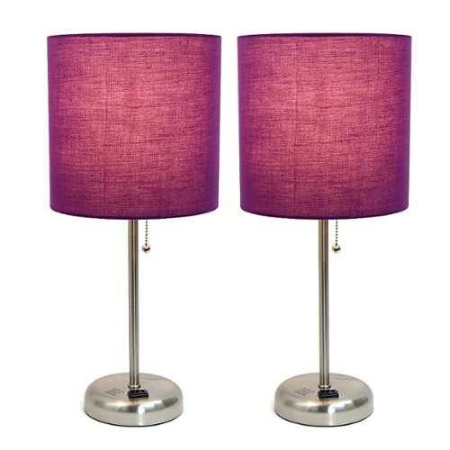 Limelights - Brushed Steel Stick Lamp with Charging Outlet and Fabric Shade 2 Pack Set - Purple