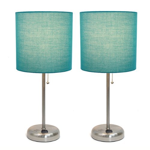 Limelights - Brushed Steel Stick Lamp with Charging Outlet and Fabric Shade 2 Pack Set, Teal