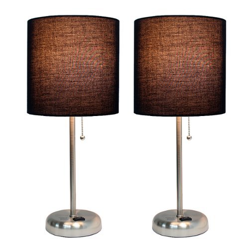 Limelights - Brushed Steel Stick Lamp with Charging Outlet and Fabric Shade 2 Pack Set - Black