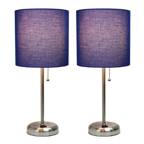 Limelights - Brushed Steel Stick Lamp with Charging Outlet and Fabric Shade 2 Pack Set, Navy