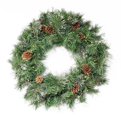 Noble House - 24" Cashmere Pine and Mixed Needles Warm White LED Artificial Christmas Wreath with Snowy Branches and Pinecones - Green
