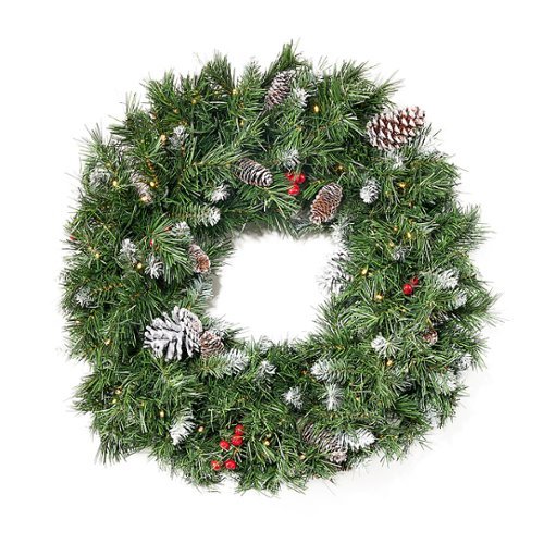 Noble House - 24" Mixed Spruce Pre-Lit Warm White LED Artificial Christmas Wreath with Frosted Branches, Red Berries and Pinecones - Green