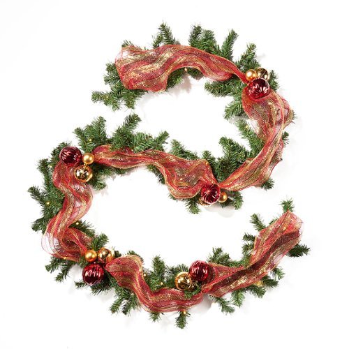 Noble House - 9-foot Noble Fir Pre-Lit Warm White LED Pre-Decorated Artificial Christmas Garland - Green, Red, Gold