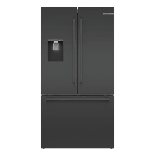 Front. Bosch - 500 Series 21 Cu. Ft. French Door Counter-Depth Smart Refrigerator with External Water and Ice Maker - Black Stainless Steel.